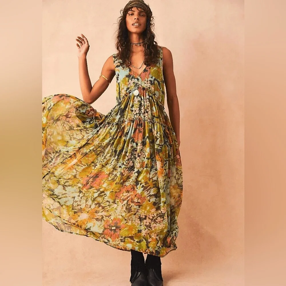 Free People Floral Maxi Dress in Green, Yellow, Orange - Picture 1 of 5